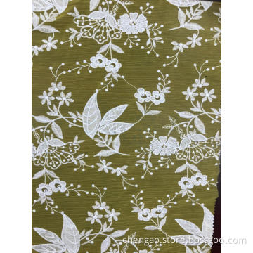 White Flowers Orange Background Chiffon Embroider Fabric